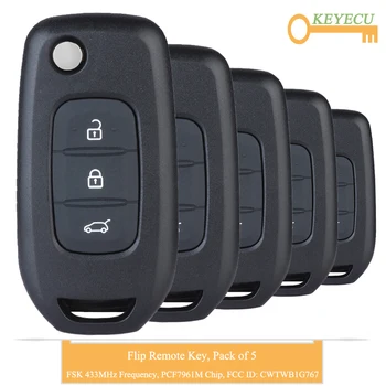 

KEYECU 5PCS Flip Remote Car Key for Renault Kadjar Captur Megane 3 Kaptur, Fob 3 Button - FSK 433MHz - PCF7961M - FCC CWTWB1G767