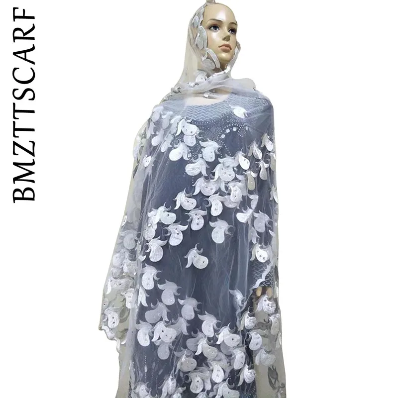 Color 8 African Women Scarf Good Quality Plain Embroidery with Stones Soft Net Scarf for Headscarf Wraps Pashmina BM805 - Цвет: Color 8