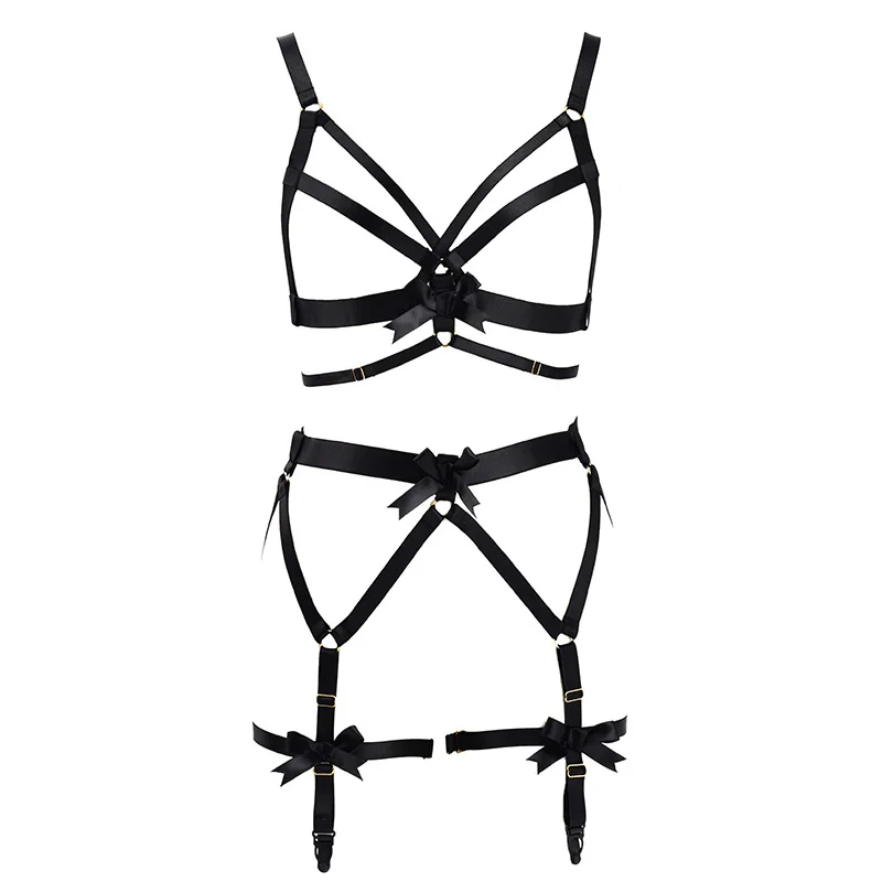 Gothic red bow suspender bra garter belt fetish body bondage harness set female sexy pole dance bondage lingerie top catsuit