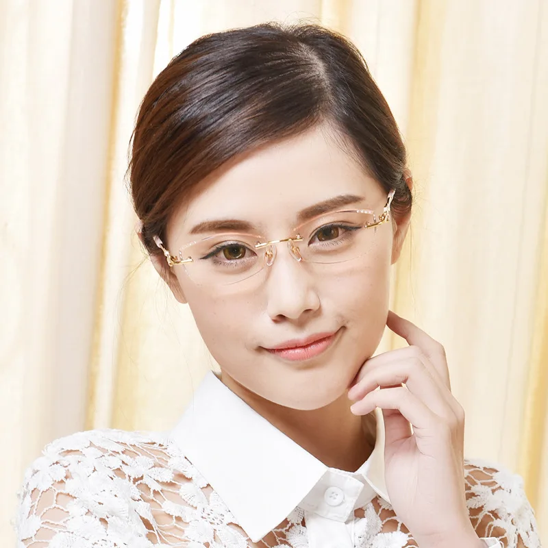New Fashion Diamond Rimmed Glasses Ladies Rimless Myopia Hyperopia Glasses Eye Glasses Frames
