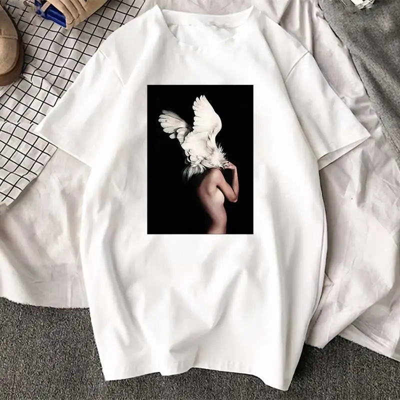 New Arrival Harajuku Aesthetics Tshirt Sexy Flowers Feather Print Short Sleeve Tops & Tees Fashion Casual Couple T Shirt