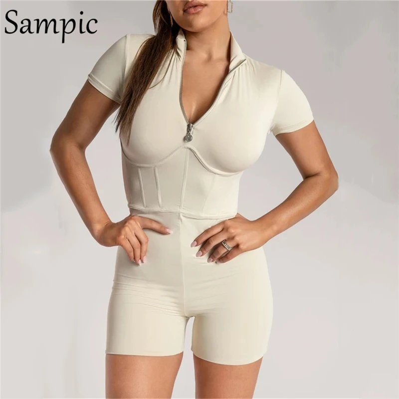 Sampic-vestido ajustado sensual para mujer, peleles deportivos cortos de motorista, mono acanalado de manga corta, traje de Sport, top de corsé para mujer 2020