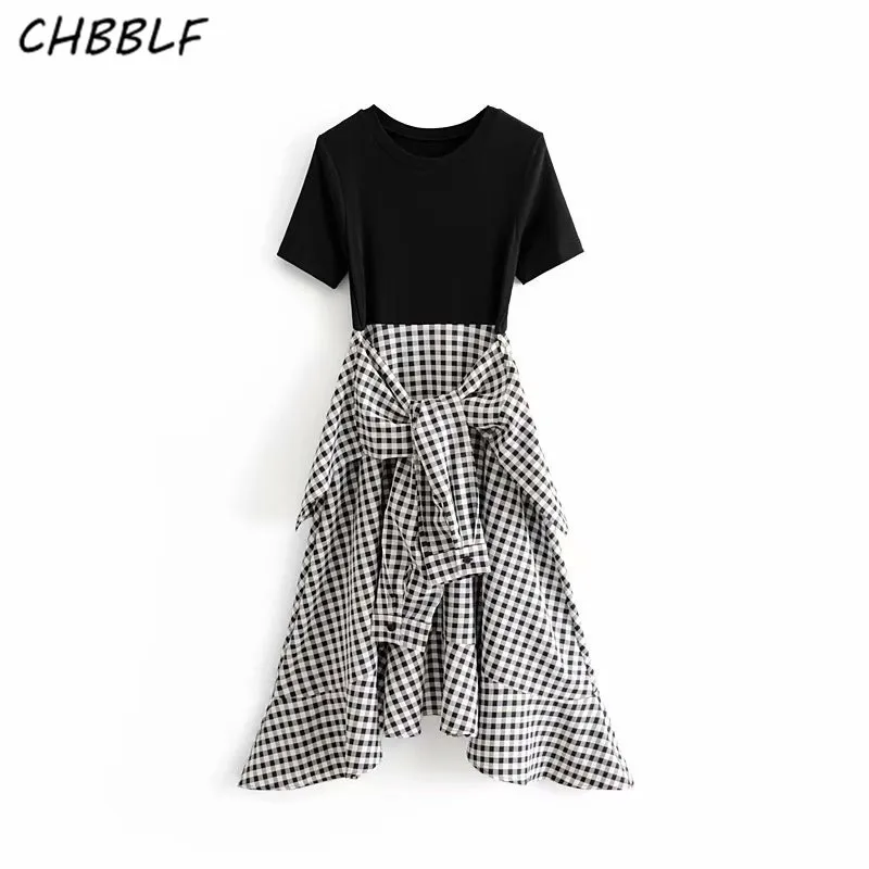 

CHBBLF women stylish plaid patchwork irregular midi dress short sleeve side zipper fly bow tie sashes female chic dresses HGH207