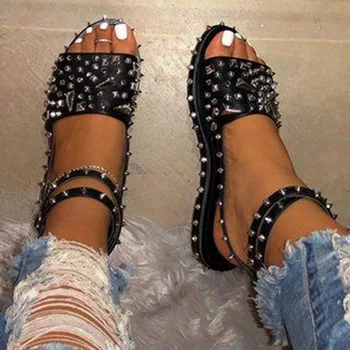 

Summer Multiple Buckle Rivets Rivets Peep Toe Ankle Wrap Women Sandals Open Toe Metal Back Strap Flat Heels Lady Shoes