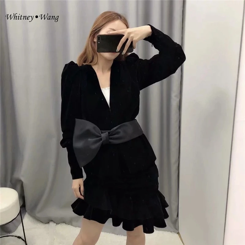 WHITNEY WANG осень зима модная уличная одежда большой бант пояса бархатная куртка для женщин Офис Леди Пальто Верхняя одежда