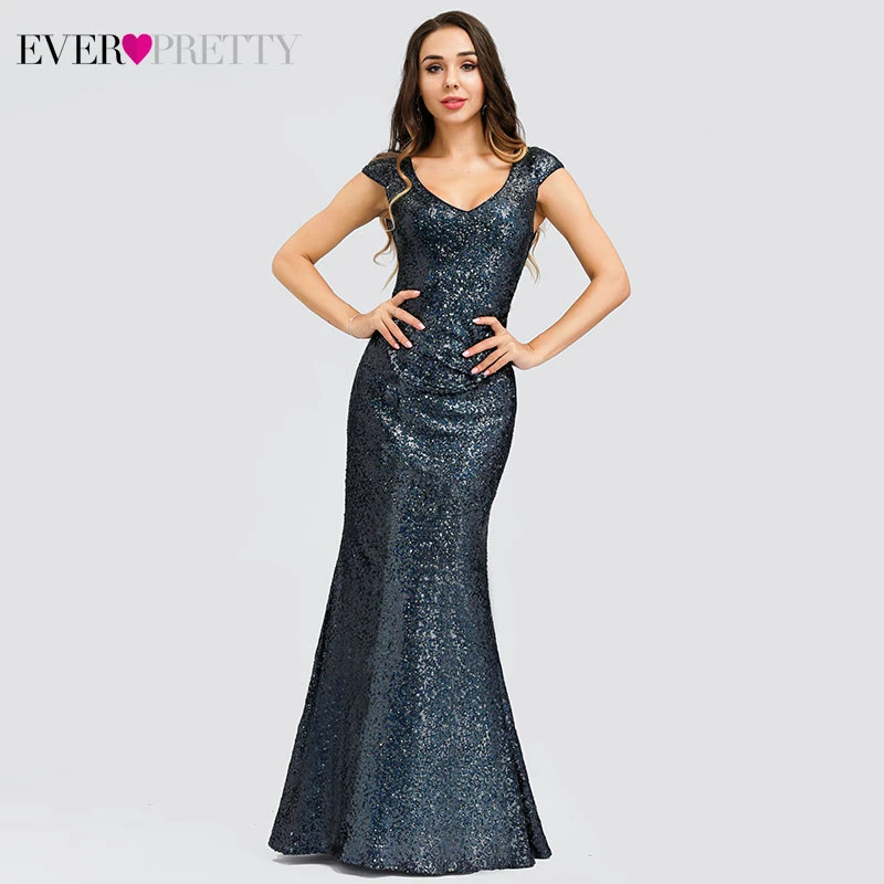 

Sparkle Navy Blue Mermaid Evening Dresses Ever Pretty Sleeveless V-Neck Sequined Elegant Formal Dresses For Party Robe De Soiree