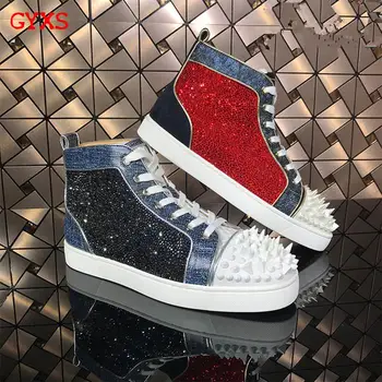 

lsrtw-high Luxury Crystal Spikes Men Shoes Rivets Red White Platform Sneakers Mens High-Top Lace-up High Quality Motorcycle Shoe