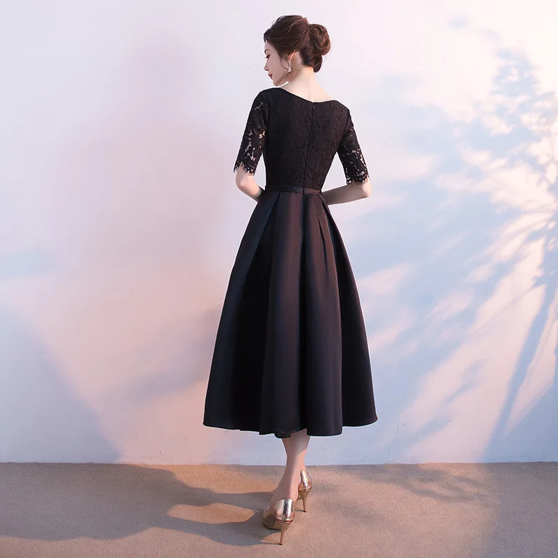 Black Womens V-Neck Lace Party Dress Half Sleeve Evening Cheongsam Wedding Elegant Prom Long Qipao Gown Retro Vestido S-XXL