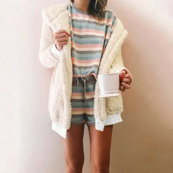 

Plush Long Sleeve Coats Women Pocket Hooded V-Neck Solid Fleece Fur Soft Overcoat Autumn Winter Lady Casual Loose Cardigan Coats