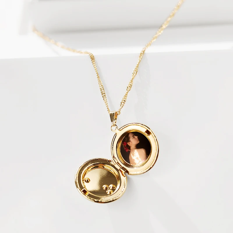 Мода круглой формы кулон цепи фоторамка на память талисманы ожерелье с Стразы ювелирные изделия Bijoux Collier Femme
