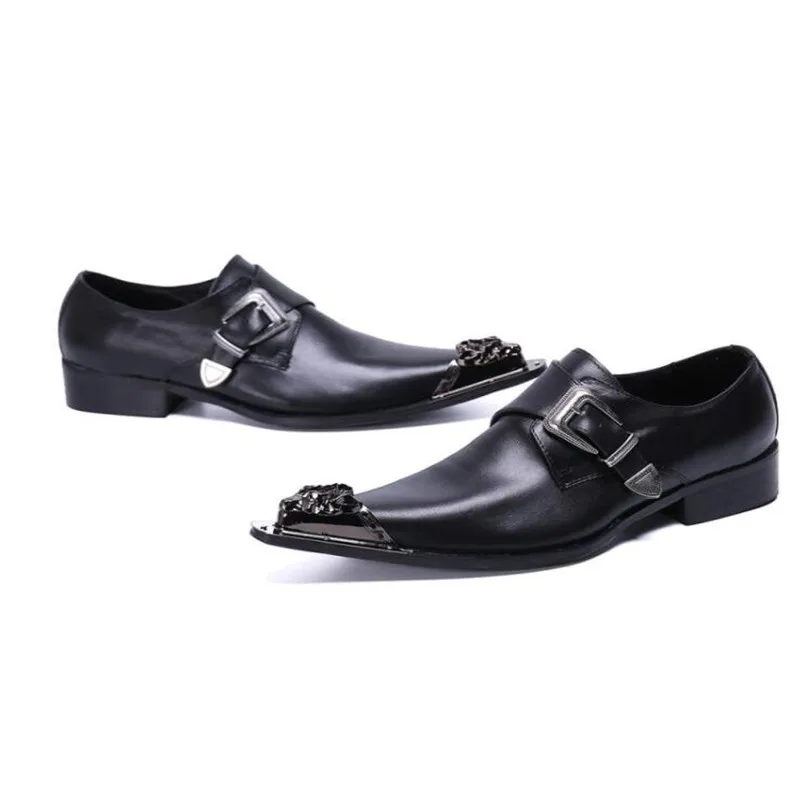 Черные Мужские модельные туфли с острым носком в британском стиле; свадебные туфли из натуральной кожи с металлическим острым носком; мужские вечерние туфли ручной работы в стиле ретро с ремешком