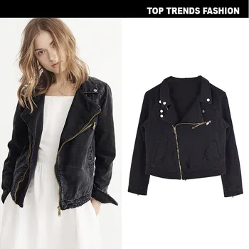 

Women's Slim Black Short Motorcycle Jacket Denim Jackets Handsome Bomber Jeans Coat BF Style Outwear Tops Zipper L0557