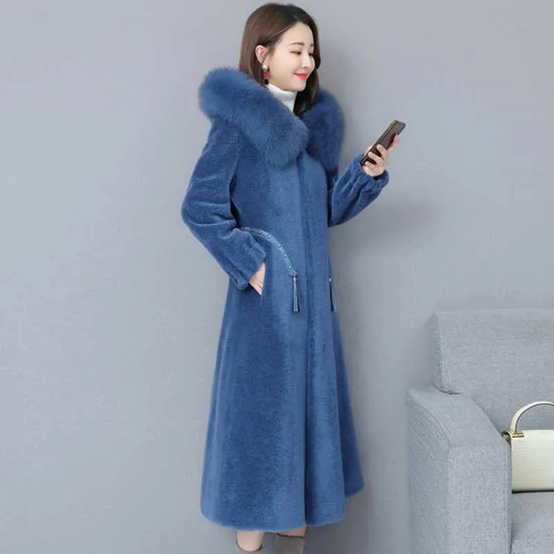 blue Женское пальто из искусственного меха с воротником из натурального Лисьего меха, меховая куртка с капюшоном из искусственного меха, зимняя длинная куртка размера плюс 4XL - Цвет: blue