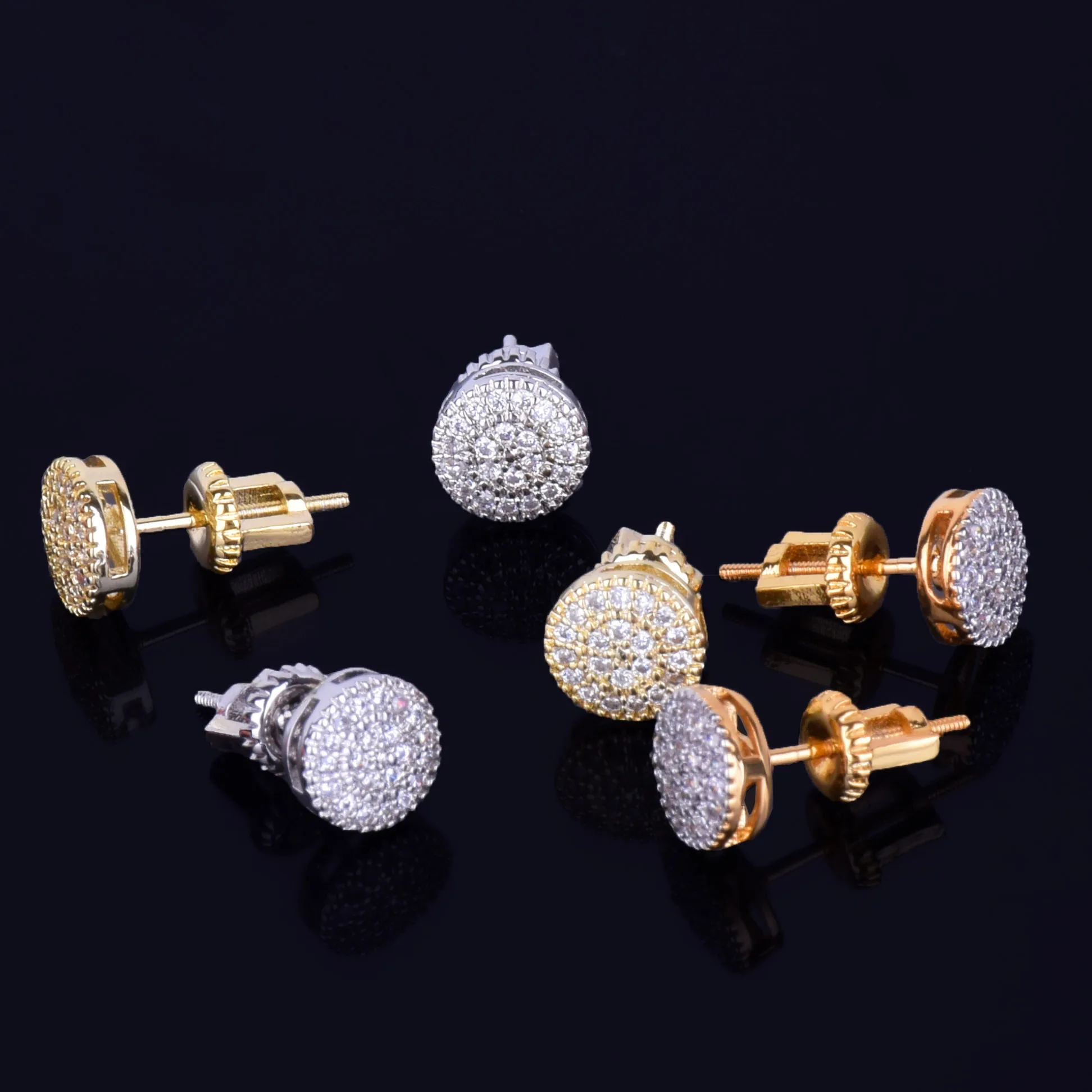 8MM Gold Color Small Round Stud Earring AAAA Cubic Zircon Screw Back Men’s Earrings Fashion Hip Hop Jewelry