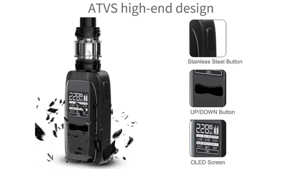 ATVS BLADE 228W Electronic Cigarette Vape Kit with 5ml tank Higher Than 150w Dual 18650 Battery Vape Box Mod Vaporizer Kit