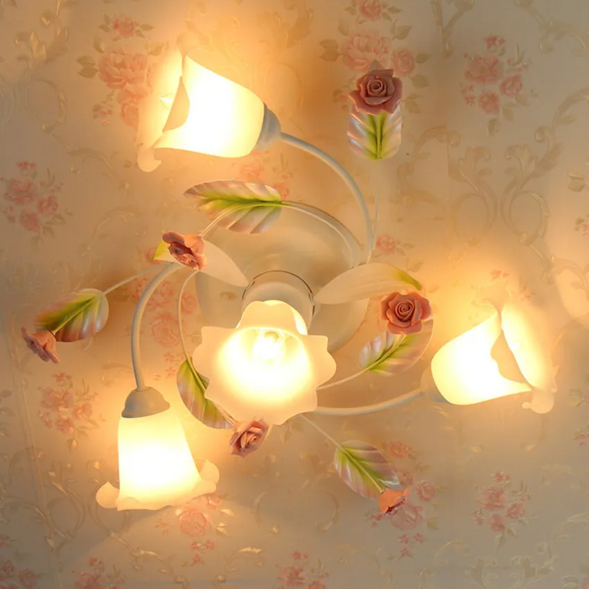 

European-style garden living room Romantic Restaurants white wrought iron pink ceramic flowers glass lampshade Ceiling Lamp c142