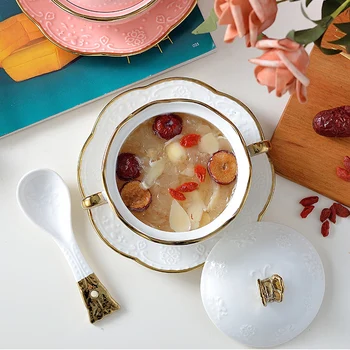 

Ceramic Soup Stew bowl with Lid Home Hotel Dessert Bird's Nest Bowl Ceramic Stew Pot with Lid