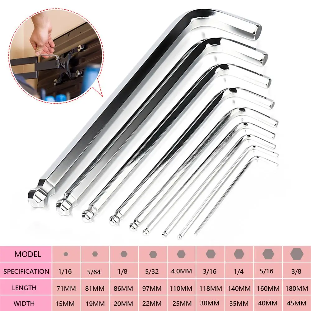 9 шт. хромированный ванадиевой стальной шестигранный ключ гаечный 1/16 '' 3/8''