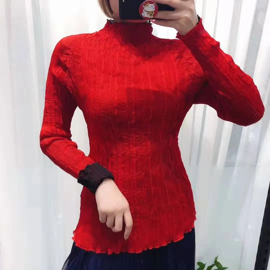 Горячая Miyake fold длинный рукав стойка для ремонта воротник двухсторонняя одежда тонкая футболка