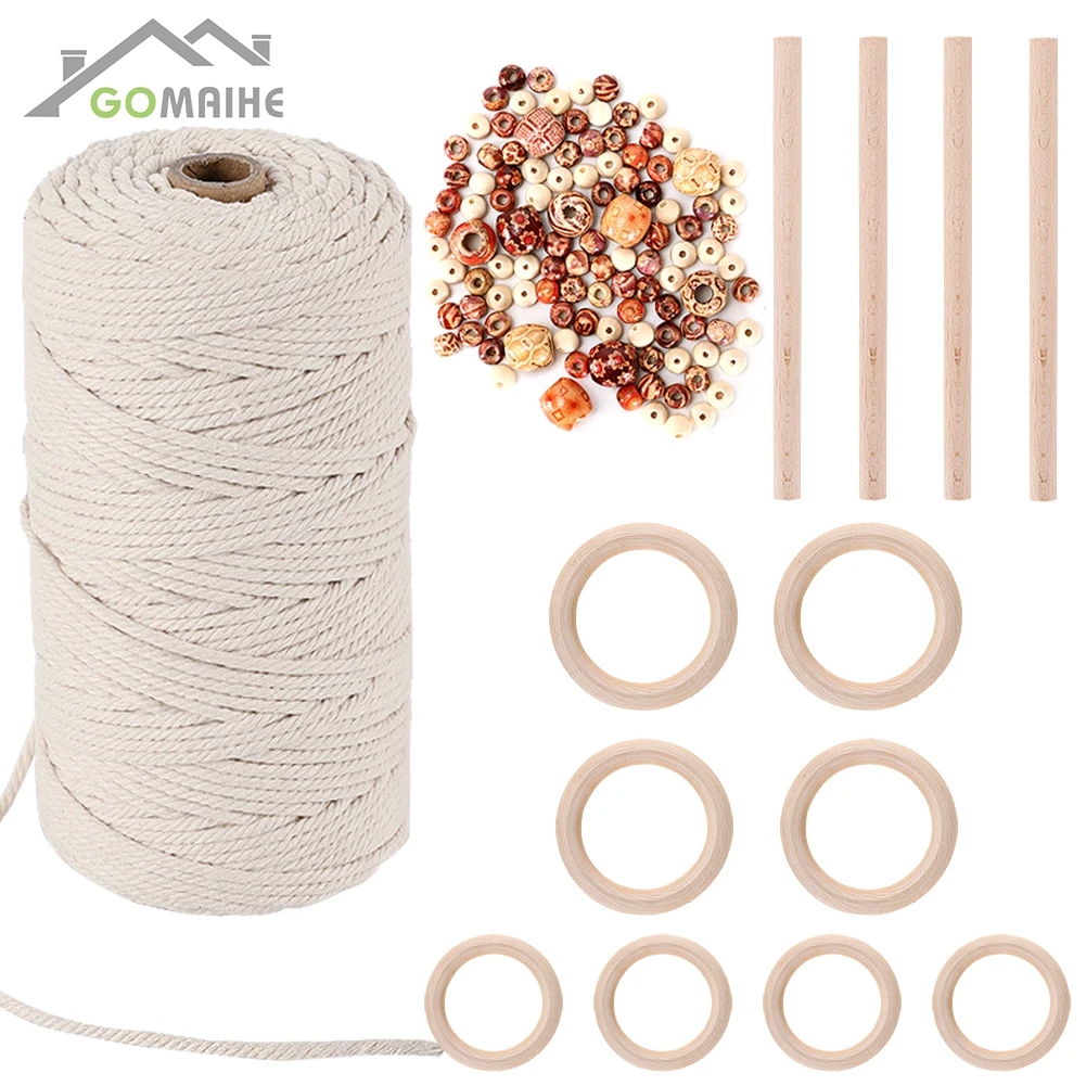 Шнур для макраме GoMaihe шнур 3 мм x 150 м и 110 бусин 100% хлопок веревочный шнурок ремесла