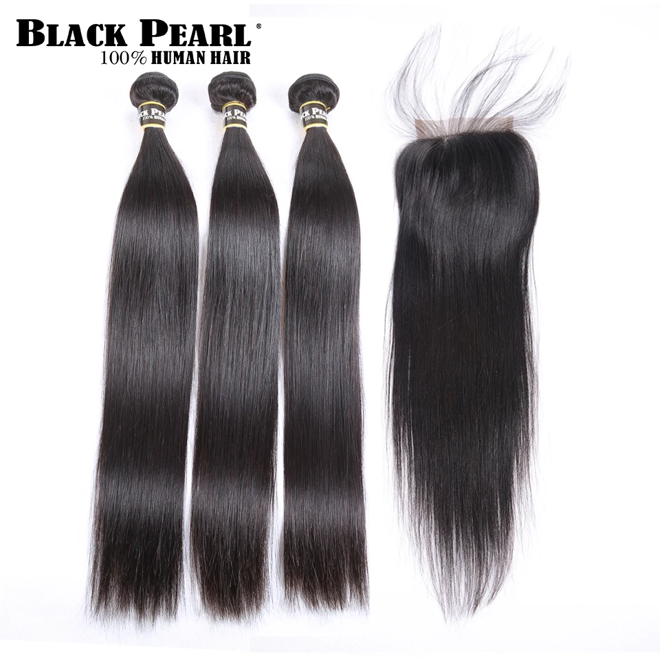 

Black Pearl Pre-Colored 3 packs Bundles with Closure Straight Human Hair Bundles with Closure Brazilian Hair Weave Bundles