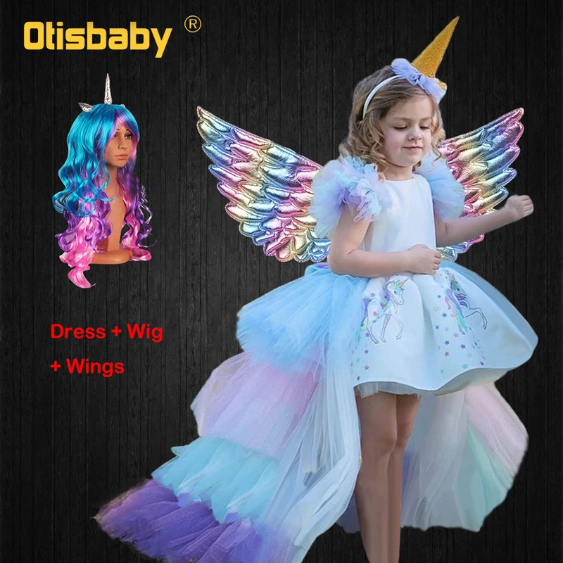 Dress Wings Wig Рождественское платье для девочек с единорогом, с длинным хвостом+ парик с крыльями, повязка для девочки, бальное платье принцессы на день рождения, детская одежда с лошадями - Цвет: Dress Wings Wig