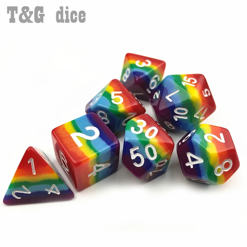 2017 новые кости 7 шт./компл. радужные игральные d4 d6 d8 d10 d12 d20 dnd rpg для настольной игры