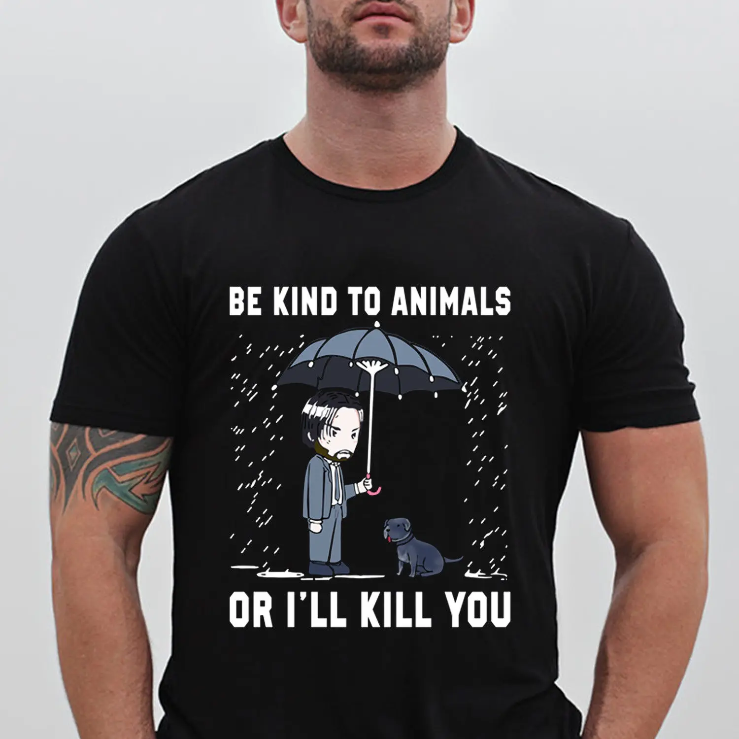 John Wick Be kind To Animal Or I'll Kill You черная футболка для взрослых с рисунком из