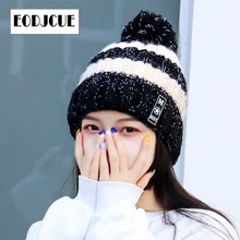 Зимние вязанные шапки для взрослых, модная теплая шапка с помпонами, женские шапки Skullies Beanie, одноцветные женские уличные шапки