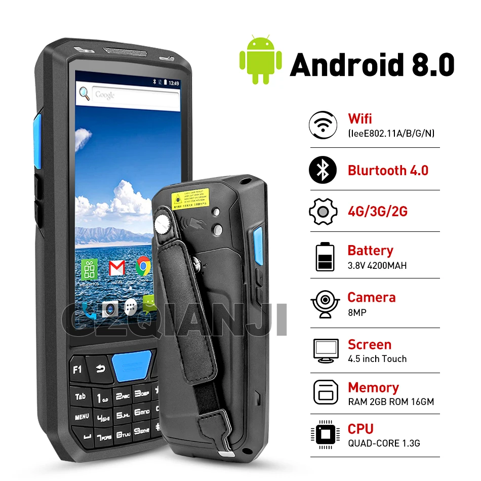Новый Android 8 PDA Прочный ручной терминал сбора данных беспроводной 1D 2D QR лазерный