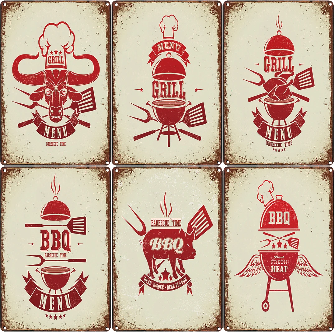 

GRILL BBQ Iron Painting Garage Bar Cafe Metal Tin Signs Rods Pin Up Wall Plate Stickers Plaques Posters Home Gym Vintage Decor