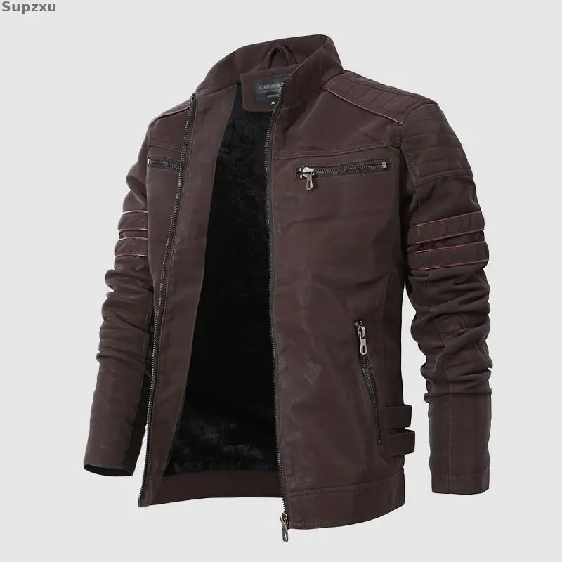 

Supzxu Fashion Winter Leather Jacket Men Stand Collar Motorcycle Washed Retro Velour Leather Jacket European Size Mens Coats