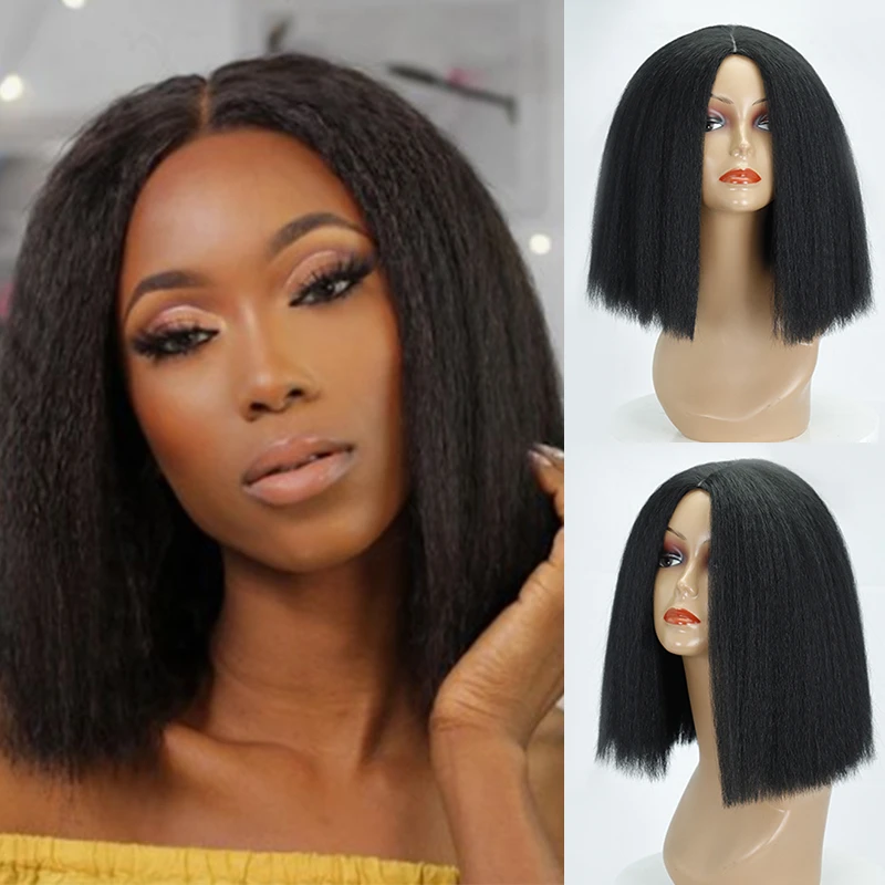 Azqueen Yaki Straight Afro Bob Wigs Synthetic High Temperature Fiber Hair Yaki Straight Curl Medium Length Wigs For Women Synthetic None Lace Wigs Aliexpress