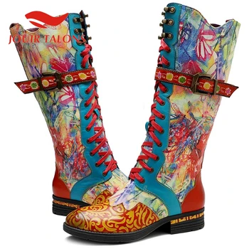 

JOUIR TALONS brand new design women's shoes cow leather cross-tied round tow buckle low heels mid-calf Original boots