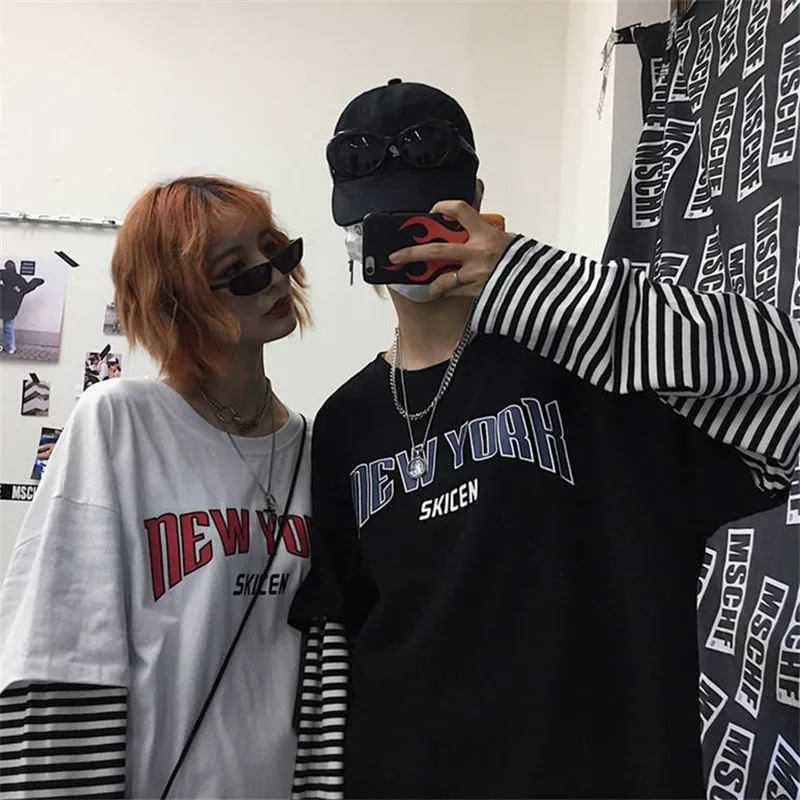 Harajuku футболка для мужчин осень бренд хип-хоп Письмо сплайсинга тройник Топ уличная одежда с длинным рукавом Мужская Повседневная Хип-Хоп Футболка женская