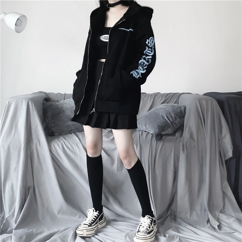 Harajuku bf черные толстовки на молнии с длинным рукавом и свитшоты с карманами в Корейском стиле Женская одежда с капюшоном черные женские