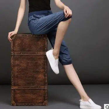 XXXXL осенне-летние уникальные мягкие джинсовые штаны-шаровары брюки Для женщин Повседневное брюки синего цвета женская модные штаны размера плюс RQ488
