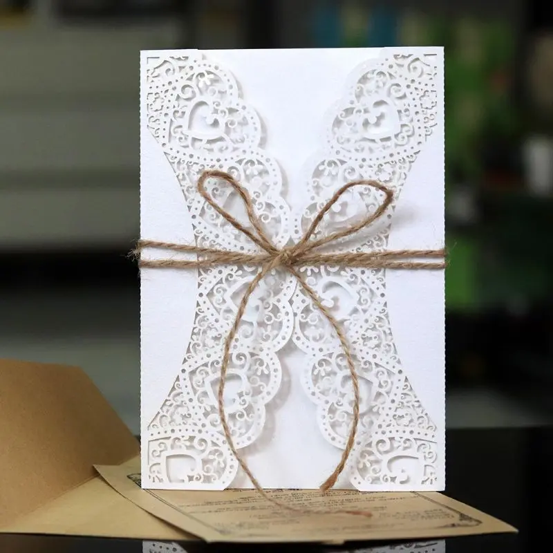  10pcs/set 10pcs/set Rustic Laser Cut Wedding invitations Cards Lace Burlap Tie Invite Envelopes Kit - 4.00036E+12