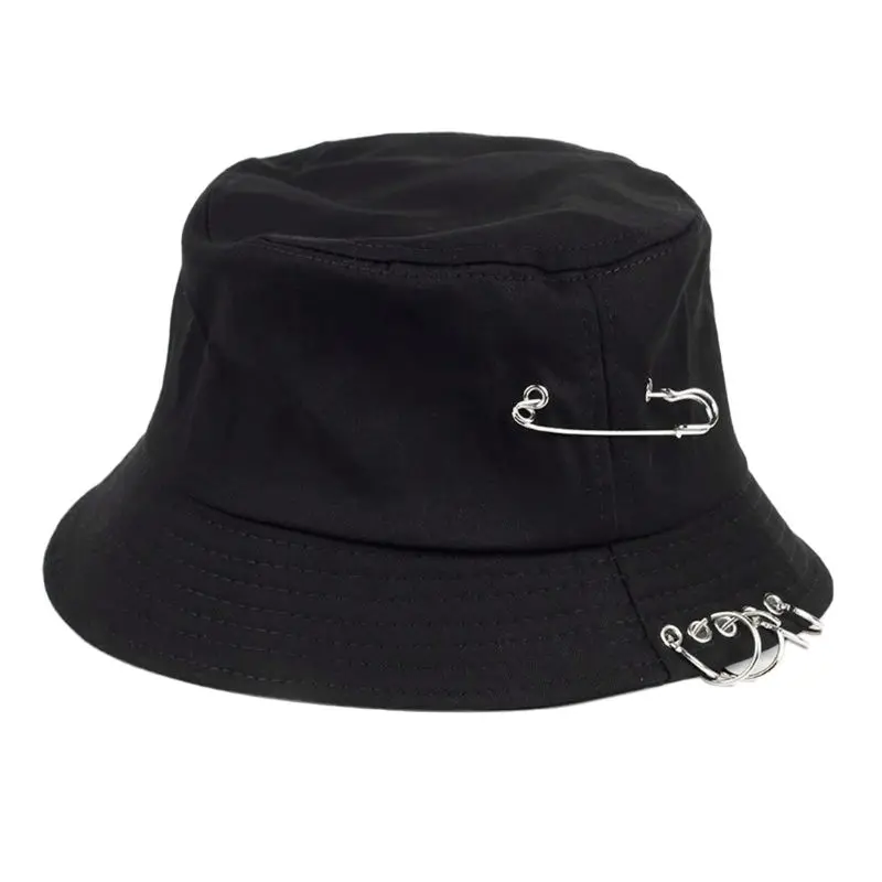 

Unisex Harajuku Punk Cotton Personality Bucket Hat Metal Pin O-Ring Solid Color Wide Brim Foldable Hip Hop Fisherman Cap