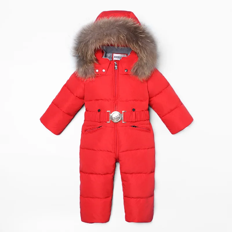 Детский Пуховый комбинезон на 40 градусов, пуховая куртка с флисовой подкладкой, плотный теплый детский зимний комбинезон с капюшоном, лыжный костюм для маленьких мальчиков и девочек - Цвет: Красный