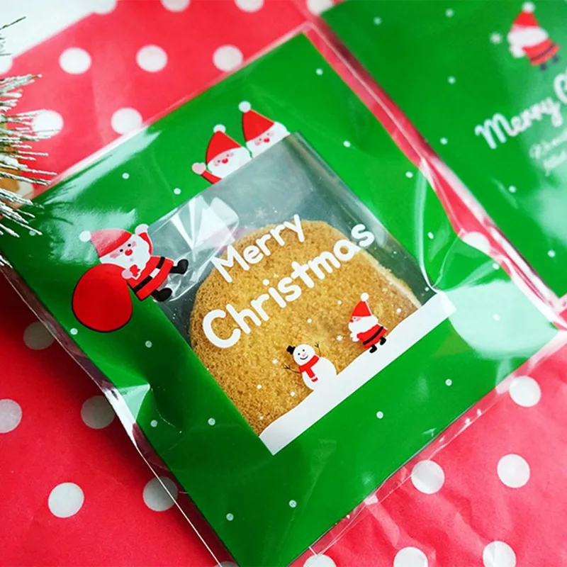 100Pcs 10*11cm Cute Cartoon Gift Bags Christmas Cookie Packaging Self-adhesive Plastic Bags For Biscuits Candy Food Cake Package