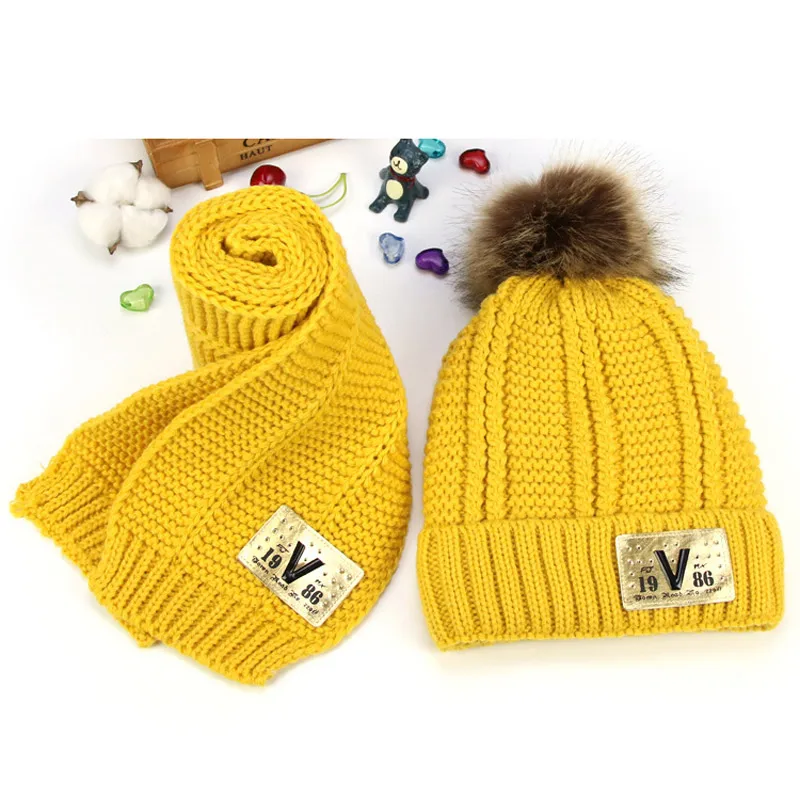 2pcs Scarf Hat Set Knitted Kids Winter Hat and Scarf for Boys Girls 3-10yrs Blue Red Yellow Pink Black