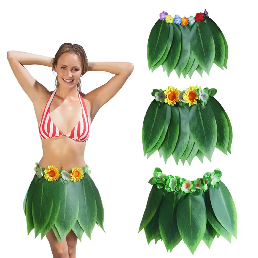 Ladies Hawaiian Hula Girl Grass Leaf Skirt Fancy Dress Costume Outfit Beach