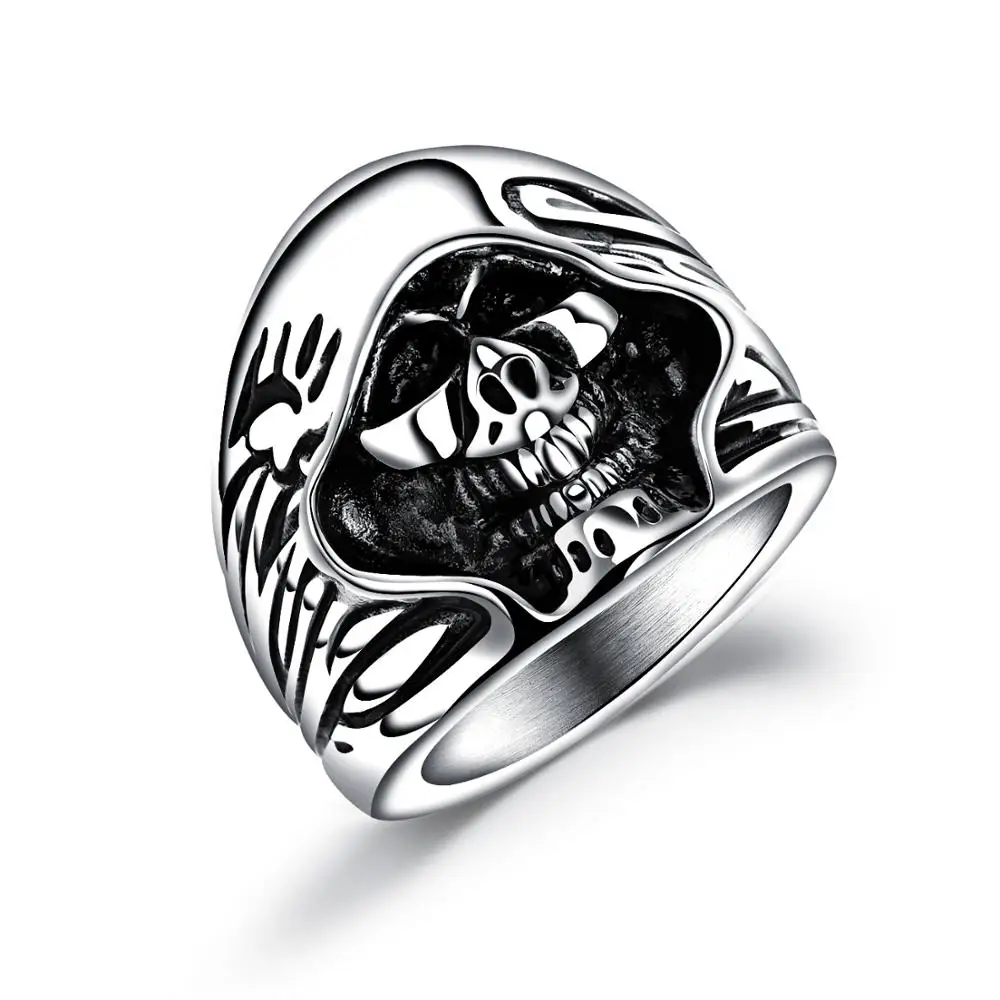 

Punk Rock Men Stainless Steel Skull Ring Gothic Buddhist Word Swastika Skeleton Ring Vintage Jewelry
