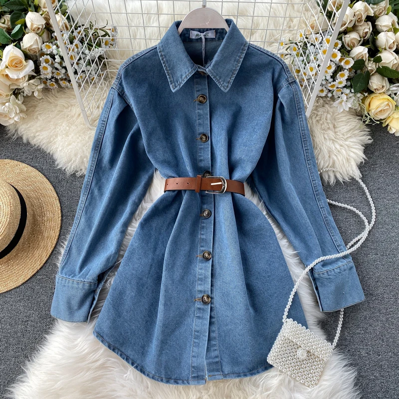 

New Spring Autumn Women Vintage Denim Dresses Ladys Turndown Collar Long Sleeve Medium Long Casual Dress