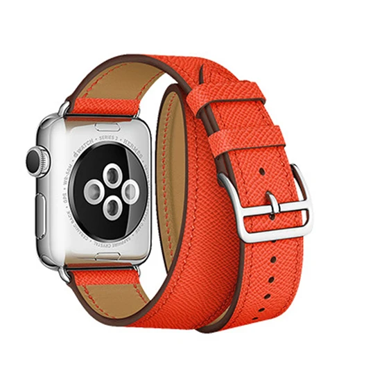 Подолом логотип Swift кожаный двойной один за туром ремешок для наручных часов Apple Watch Series 5 4 3 2 1 44/40 мм 42 38 мм и нержавеющая сталь металлический корпус для наручных часов iWatch, браслет - Цвет ремешка: Orange