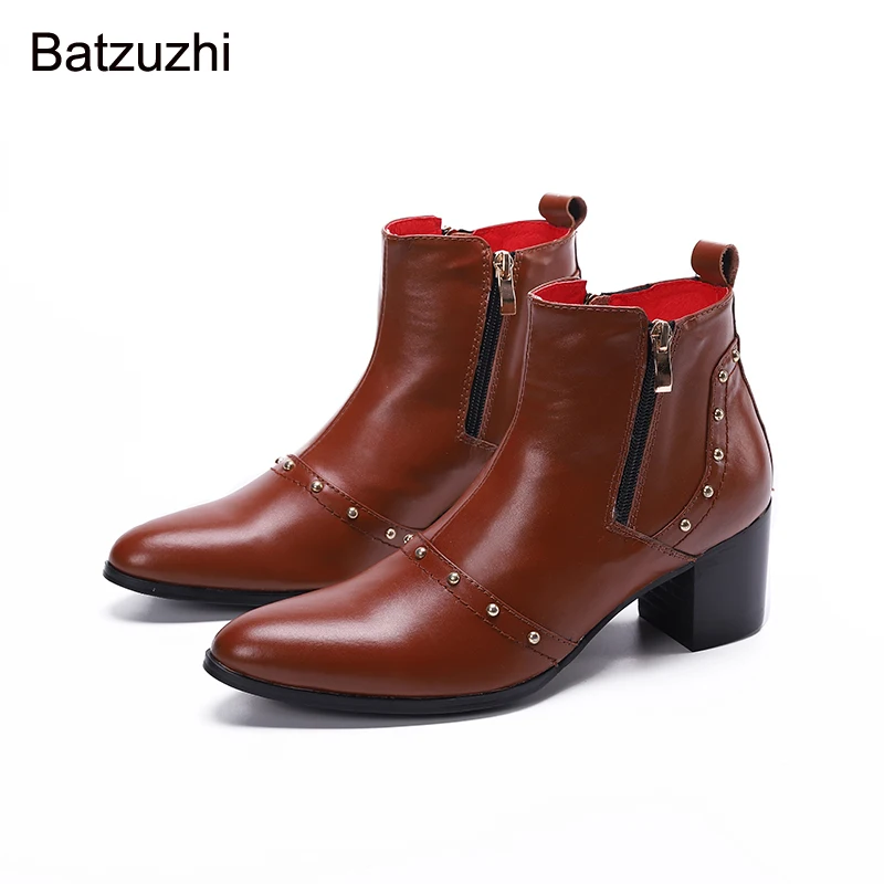 Batzuzhi 7.5cm High Heels Men Boots Men Brown Genuine Leather Ankle Boots Men Pointed Toe Rivets Zip Party/Knight Boots Men!