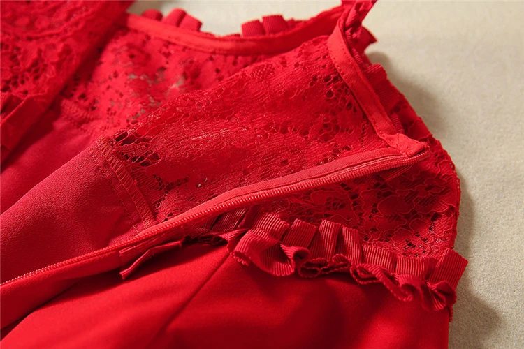 Truevoker Autumn Designer Red Lace Embroidery Dresses Ladies' Short Sleeves Embroidered Crochet Cutout Wedding Party Vestidos