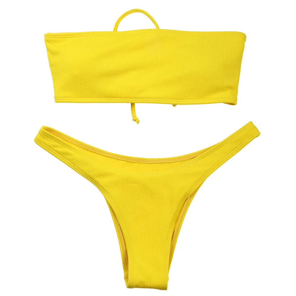 Yellow Belleziva ребристый высокий вырез бандо бикини набор женщин купальник - Цвет: Yellow
