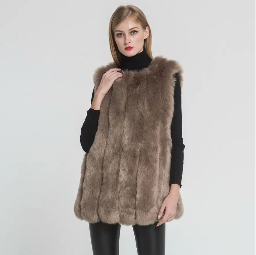 Faux Fox Fur Vest Women Winter Fashion Medium Long Artifical Fox Fur Vests Woman Warm Fake Fox Fur Coats Female Ladies